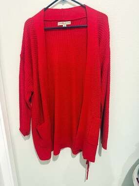 Love Change Italy Red Waffle Knit Open Front Cardigan with Pockets 2X